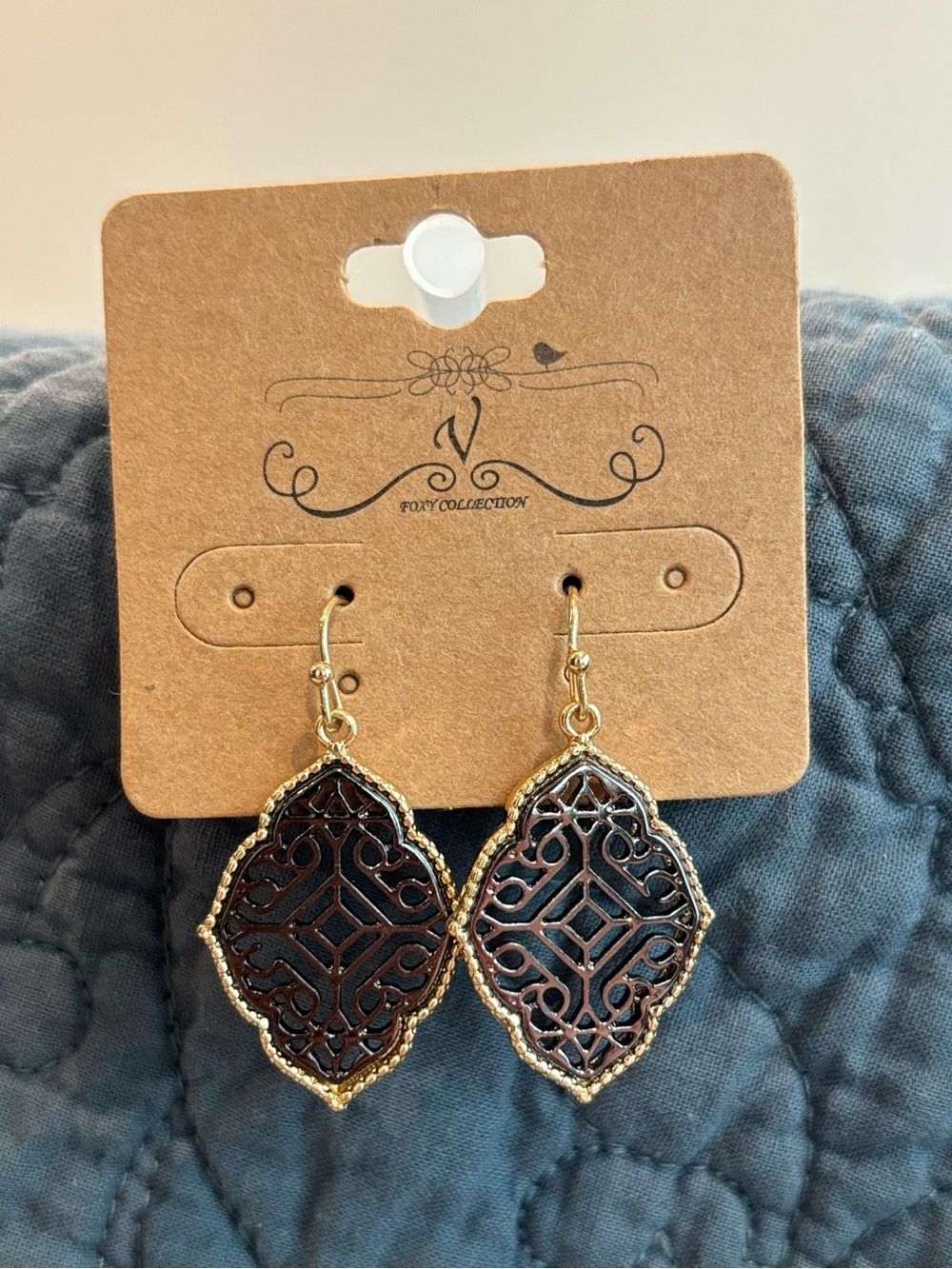 Foxy Collection Gold Black Filigree Dangle Earrings Boho New